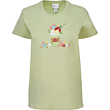 Women's Pistachio Embroidered/Jewel Latte Flowers Crew Neck Short Sleeve T-Shirt