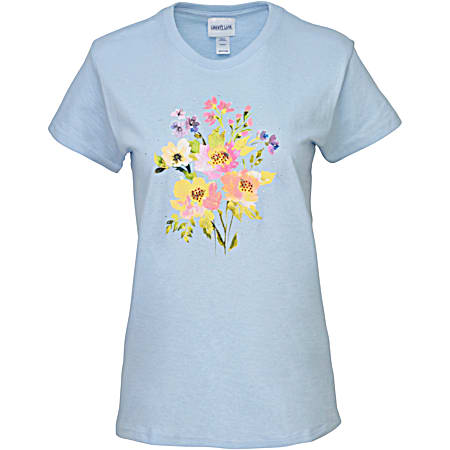 Women's Sky Blue Embroidered/Jewel Floral Wash Crew Neck Short Sleeve T-Shirt