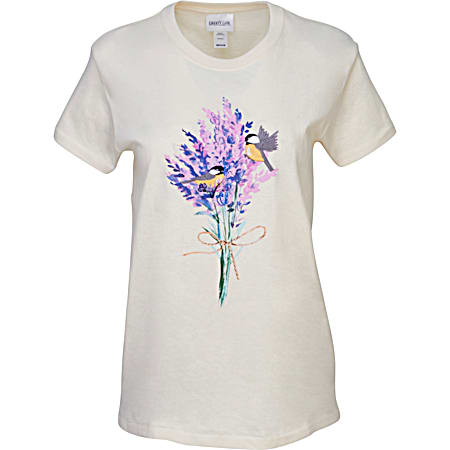Women's Natural Embroidered/Jewel Lavender Chickadees Crew Neck Short Sleeve T-Shirt