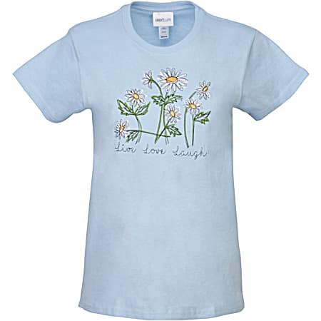 Women's Sky Blue Embroidered Offset Daisies Crew Neck Short Sleeve T-Shirt