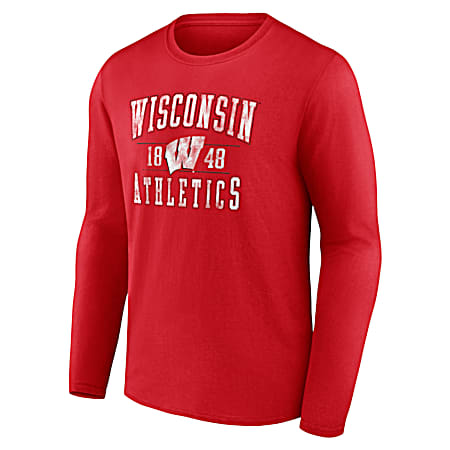 Men's Wisconsin Badgers Red Iconic Logo Graphic Crew Neck Long Sleeve Cotton T-Shirt