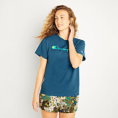 Women's The Classic Tee Fresh Teal Logo Graphic Crew Neck Short Sleeve T-Shirt