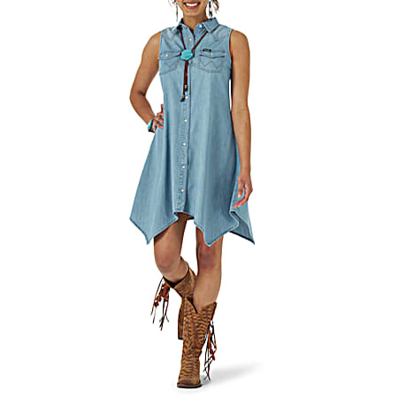 Wrangler Women's Western Denim Blue Snap Front Sleeveless Dress