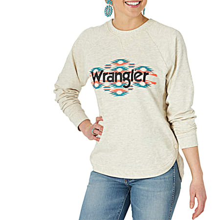 Wrangler Women's Oatmeal Aztec Logo Graphic Crew Neck Long Sleeve Side Snap Pullover