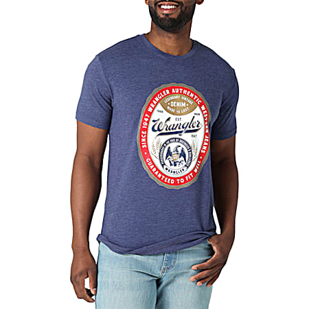 Men's Denim Blue Heather Beer Label Graphic Crew Neck Short Sleeve T-Shirt