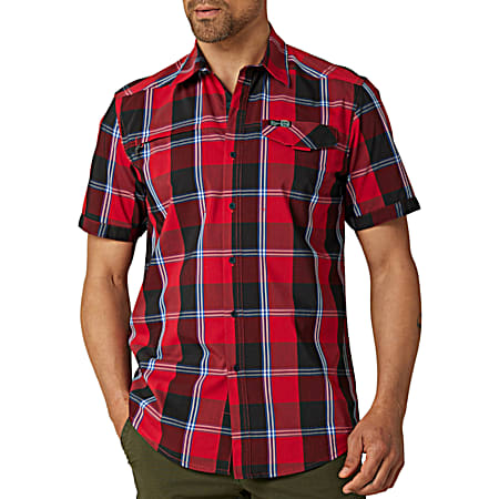 Men's Red Plaid Asymmetrical Button Front Short Sleeve Zip Pocket Shirt