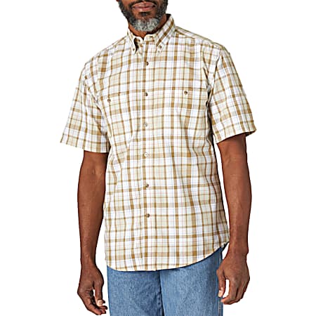 Men's Big & Tall Classic Khaki/White Plaid Button Front Short Sleeve Shirt