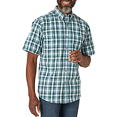 Men's Classic Green/Blue Plaid Button Front Short Sleeve Shirt