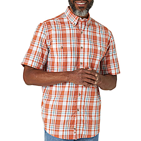 Men's Big & Tall Classic Orange/Blue Plaid Button Front Short Sleeve Shirt
