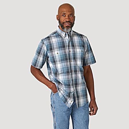 Men's Classic Blue/Navy Plaid Button Front Short Sleeve Shirt