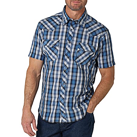 Men's Dark Blue Plaid Western Fashion Snap Front Short Sleeve Shirt