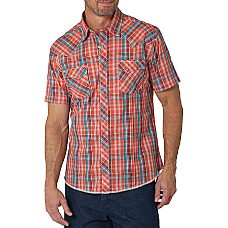 Men's Rust Plaid Western Fashion Snap Front Short Sleeve Shirt