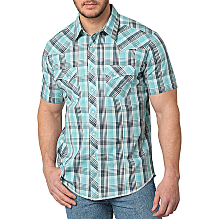 Men's Aqua Blue Plaid Western Fashion Snap Front Short Sleeve Shirt