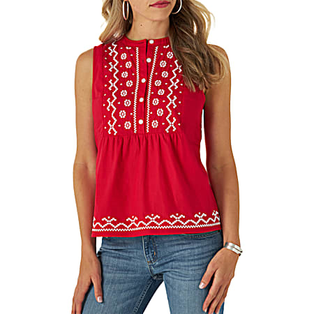 Women's Red Boho Americana Embroidery Button Front Sleeveless Top