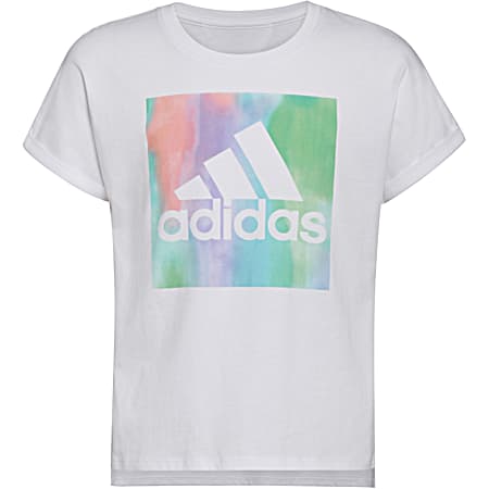 Girls' White Heather Tie Dye Square Logo Graphic Crew Neck Cuff Sleeve T-Shirt