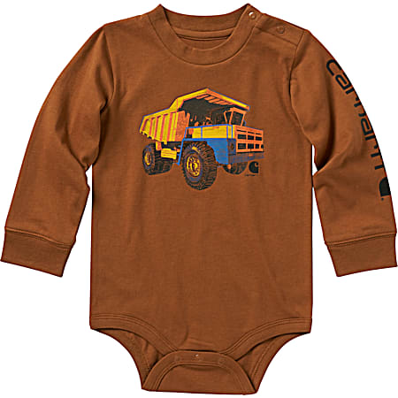 Infant Carhartt Brown Dump Truck Graphic Crew Neck Long Sleeve Cotton Bodysuit