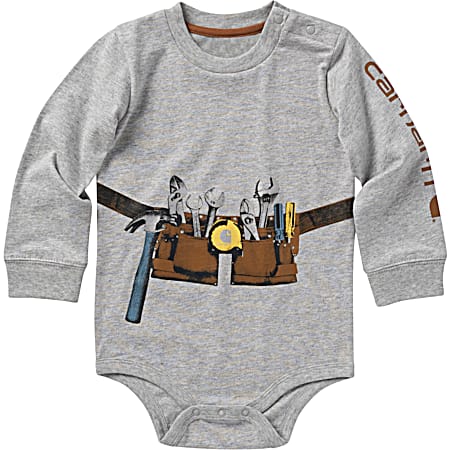 Infant Gray Heather Toolbelt Graphic Crew Neck Long Sleeve Cotton Bodysuit