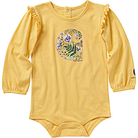 Infant Girls' Yellow Wildflower Graphic Crew Neck Long Sleeve Cotton Bodysuit