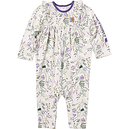 Infant Girls' White All-Over Floral Print Crew Neck Long Sleeve Cotton Coverall