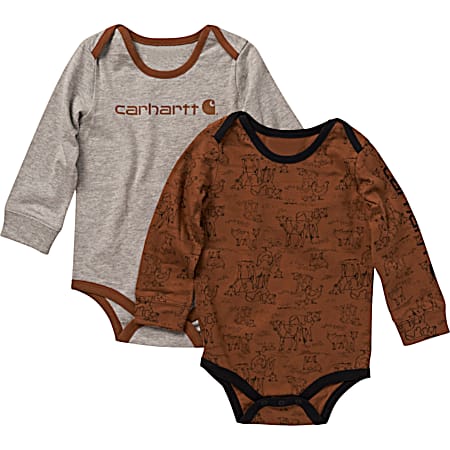 Infant Boys' Gray Solid & Brown Farm Print Crew Neck Long Sleeve Cotton Bodysuits - 2 pc. Set