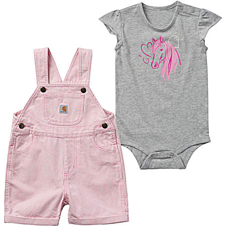 Infant Girls' Gray Heather Horse Graphic Bodysuit & All-Over Stripe Canvas Shortalls 2-Pc. Set