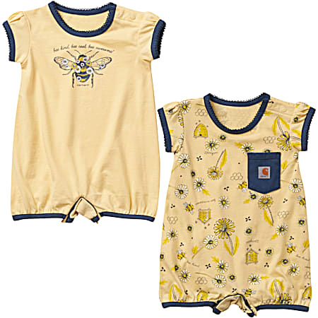 Infant Girls' Yellow Bee Print/Graphic Crew Neck Cap Sleeve Rompers 2-Pc. Set