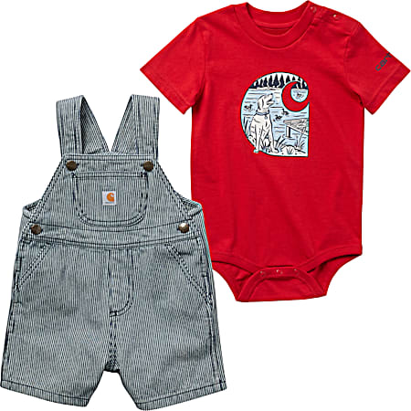 Infant Red Graphic Bodysuit & All-Over Stripe Canvas Shortalls 2-Pc. Set