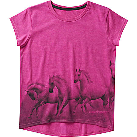 Girls' Raspberry Rose Running Horse Crew Neck Short Sleeve T-Shirt
