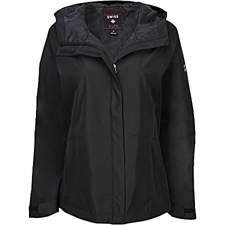 Women's Solid Rich Black Hooded Full Zip Rain Jacket