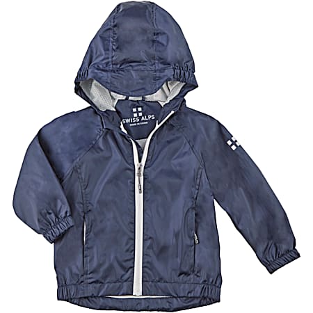 Boys' Pure Navy Hooded Full Zip Polyester Rain Jacket