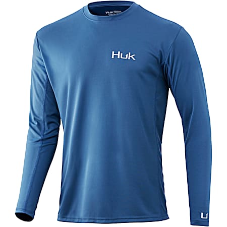 Huk Adult Fishing Icon X Titanium Blue Crew Neck Long Sleeve Shirt