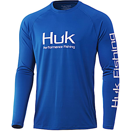 Huk Adult Fishing Pursuit Vented Huk Blue Graphic Crew Neck Long Sleeve Shirt