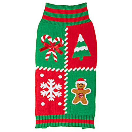 Green & Red Christmas Icon Patchwork Sweater for Dogs