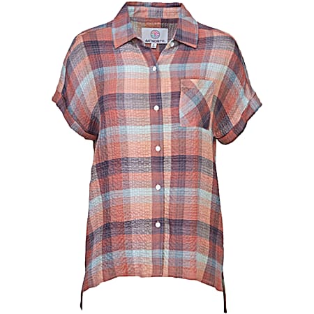 44° North Casual Women's Desert Plaid Button Front Short Sleeve Crinkle Woven Camp Shirt