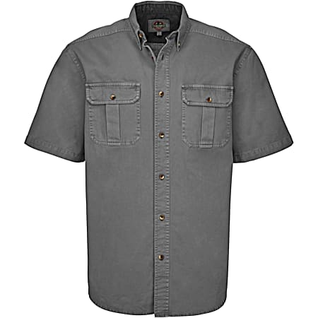 Men's TOUGH Charcoal Button Front Short Sleeve Cotton Twill Shirt