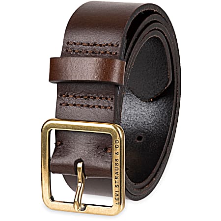 Levi's Ladies' Brown Square Center Bar Leather Belt w/Brass-Tone Square Buckle