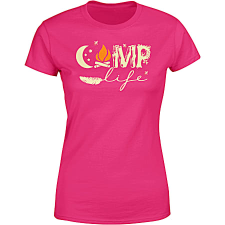 T-SHIRT INTERNATIONAL Women's Fuchsia Camp Life Graphic Crew Neck Short Sleeve T-Shirt