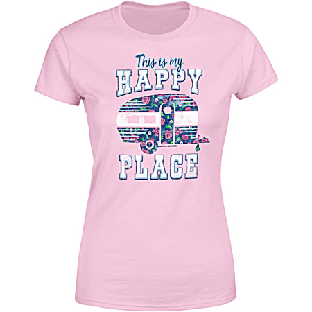 T-SHIRT INTERNATIONAL Women's Pink Happy Place Graphic Crew Neck Short Sleeve T-Shirt