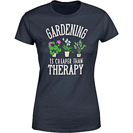 Women's Heather Denim Gardening Therapy Graphic Crew Neck Short Sleeve T-Shirt