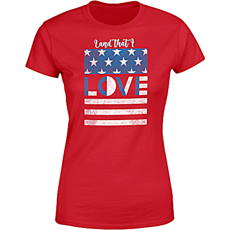 T-SHIRT INTERNATIONAL Women's Red Land I Love Graphic Crew Neck Short Sleeve T-Shirt