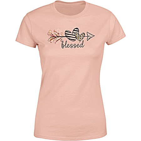 Women's Peach Arrow Heart Blessed Graphic Crew Neck Short Sleeve T-Shirt
