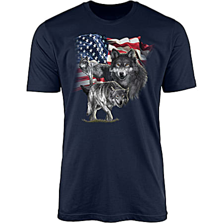 Men's Navy Wolf Flag Graphic Crew Neck Short Sleeve Cotton T-Shirt