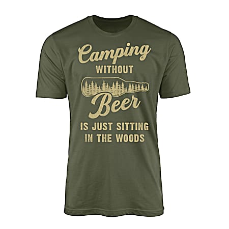 T-SHIRT INTERNATIONAL Men's Military Green Camping Without Beer Graphic Crew Neck Short Sleeve Cotton T-Shirt