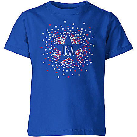 T-SHIRT INTERNATIONAL Girls' Blue USA Star Cluster Graphic Crew Neck Short Sleeve Cotton T-Shirt