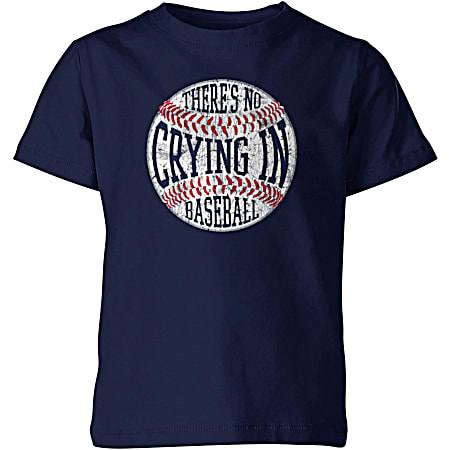 T-SHIRT INTERNATIONAL Boys' Navy There's No Crying In Baseball Graphic Crew Neck Short Sleeve Cotton T-Shirt