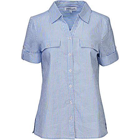 Women's Blue/White Stripe Button Front Y-Neck Short Sleeve Seersucker Camp Shirt