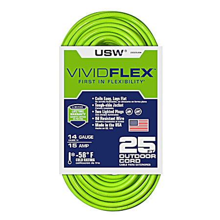 VividFlex 14/3 SJTOW Green Extension Cord w/ 2 Lighted Plugs