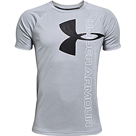 Boys' Tech Mod Gray Split Logo Hybrid Graphic Loose Fit Crew Neck Short Sleeve Shirt