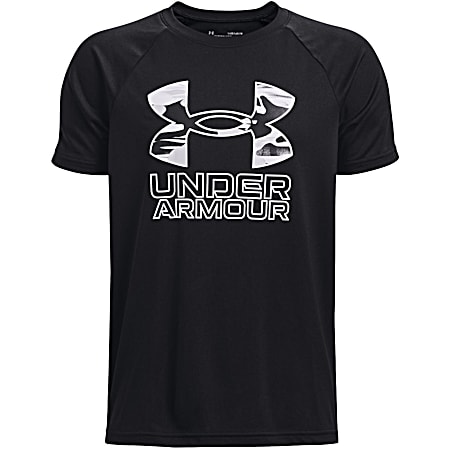 Boys' Tech Black Hybrid Print Fill Logo Graphic Loose Fit Crew Neck Short Sleeve Shirt