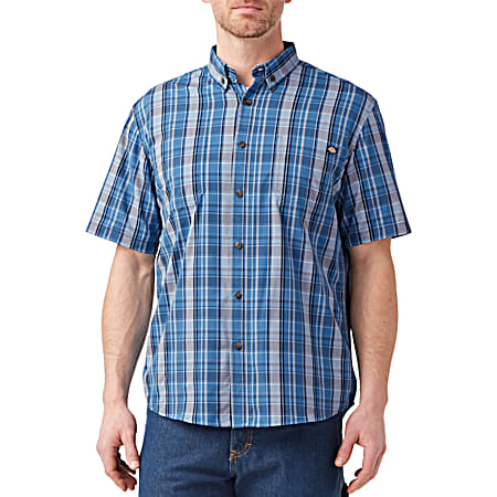 Men's FLEX Vallarta Blue Plaid Relaxed Fit Button Front Short Sleeve Woven Work Shirt